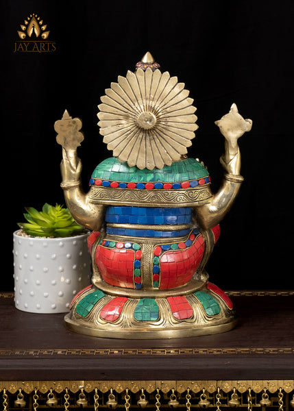 13" Brass Bhagwan Ganapati in Blessing Gesture Seated on a Lotus with his Rat