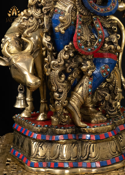 26" Krishna Muralidhara Playing His Flute Brass Cow Krishna with Vibrant Stone Finish