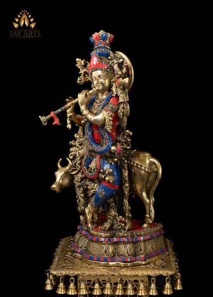 26" Krishna Muralidhara Playing His Flute Brass Cow Krishna with Vibrant Stone Finish