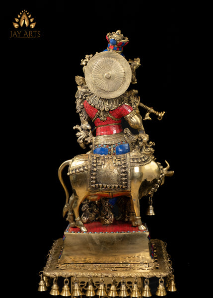 26" Krishna Muralidhara Playing His Flute Brass Cow Krishna with Vibrant Stone Finish