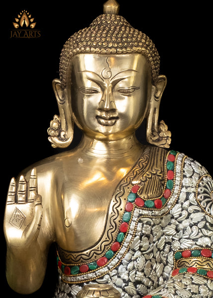 18" Brass Serene Buddha Statue Seated on a Lotus in Vitarka Mudra