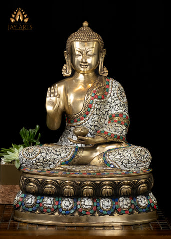 18" Brass Serene Buddha Statue Seated on a Lotus in Vitarka Mudra