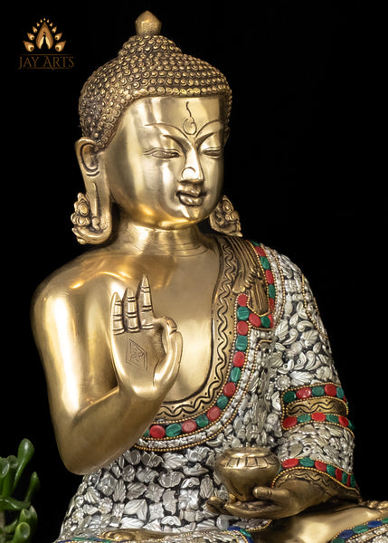 18" Brass Serene Buddha Statue Seated on a Lotus in Vitarka Mudra