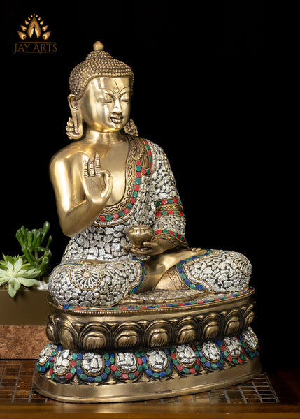 18" Brass Serene Buddha Statue Seated on a Lotus in Vitarka Mudra