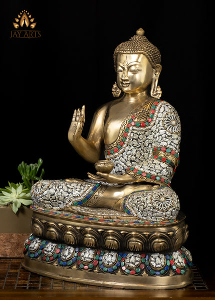 18" Brass Serene Buddha Statue Seated on a Lotus in Vitarka Mudra