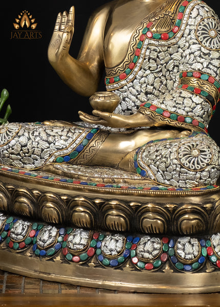 18" Brass Serene Buddha Statue Seated on a Lotus in Vitarka Mudra