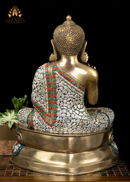 18" Brass Serene Buddha Statue Seated on a Lotus in Vitarka Mudra