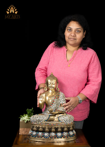 18" Brass Serene Buddha Statue Seated on a Lotus in Vitarka Mudra