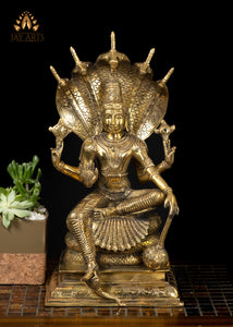 16" Bhagwan Vishnu Seated on Serpent Brass Statue