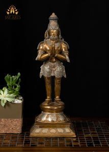 16" Brass Namaste Hanuman Statue Standing on a Lotus