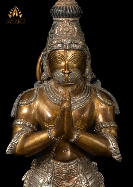 16" Brass Namaste Hanuman Statue Standing on a Lotus