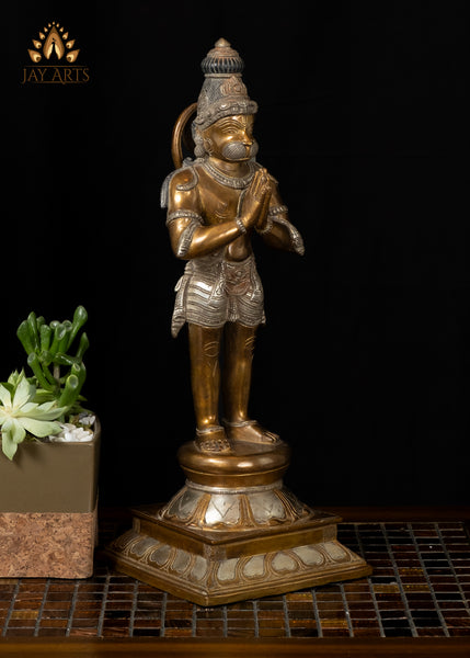 16" Brass Namaste Hanuman Statue Standing on a Lotus