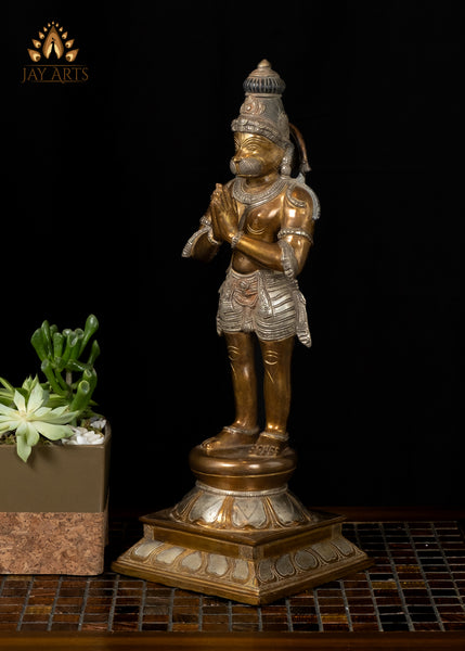 16" Brass Namaste Hanuman Statue Standing on a Lotus