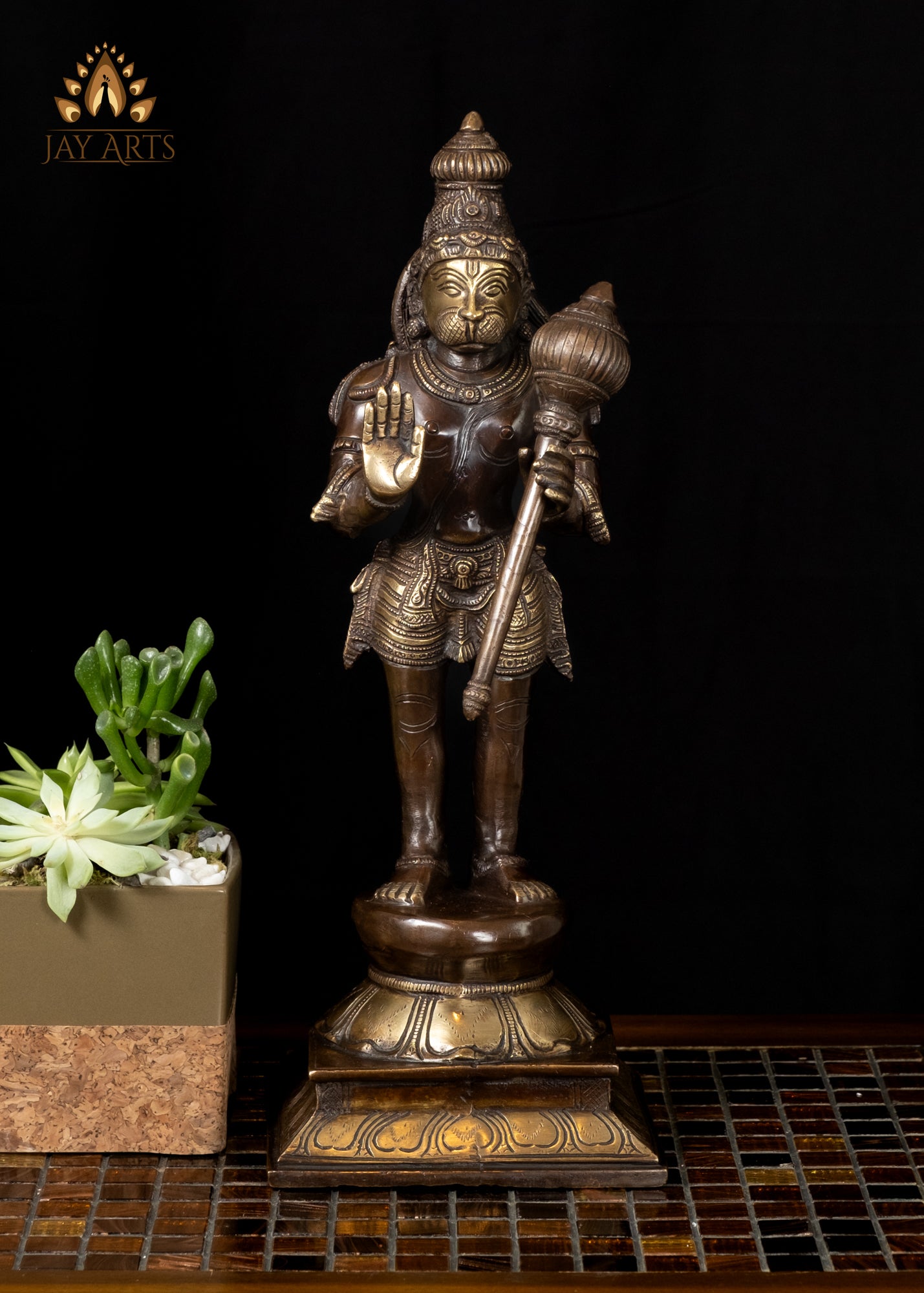 16" Brass Hanuman Statue in Abhaya Mudra Standing on a Lotus