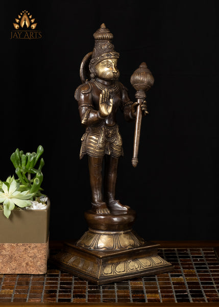 16" Brass Hanuman Statue in Abhaya Mudra Standing on a Lotus