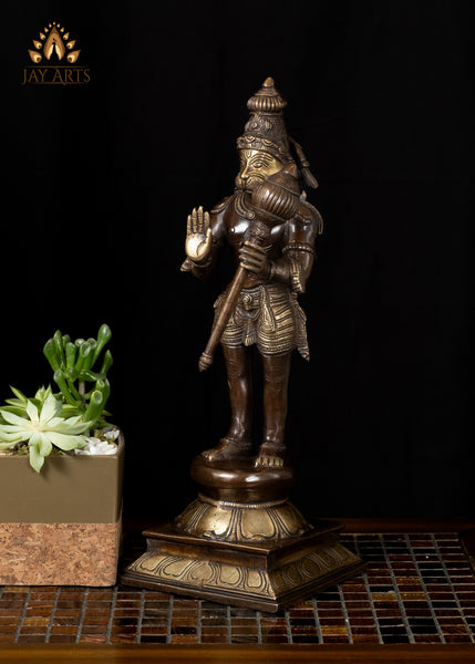 16" Brass Hanuman Statue in Abhaya Mudra Standing on a Lotus