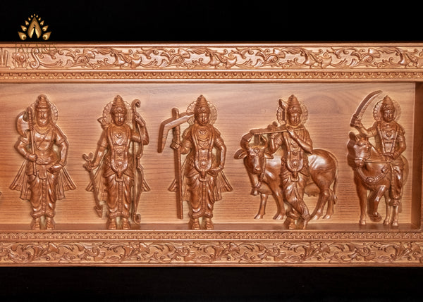 Dasavataram Wood Carving 11" x 44" - The Ten Incarnations of Lord Vishnu Wood Wall Panel