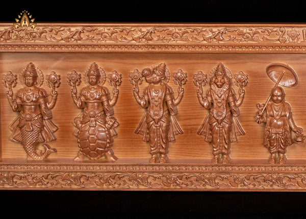 Dasavataram Wood Carving 11" x 44" - The Ten Incarnations of Lord Vishnu Wood Wall Panel