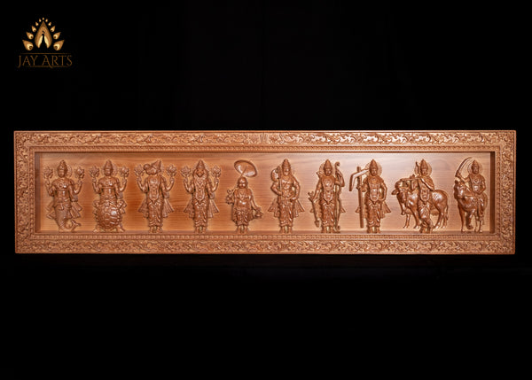 Dasavataram Wood Carving 11" x 44" - The Ten Incarnations of Lord Vishnu Wood Wall Panel