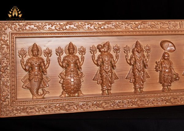 Dasavataram Wood Carving 11" x 44" - The Ten Incarnations of Lord Vishnu Wood Wall Panel