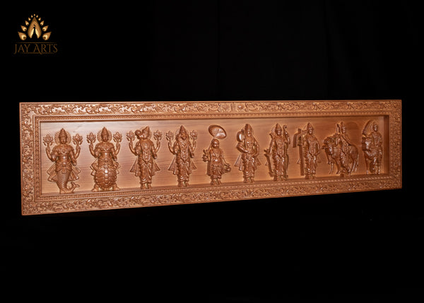 Dasavataram Wood Carving 11" x 44" - The Ten Incarnations of Lord Vishnu Wood Wall Panel