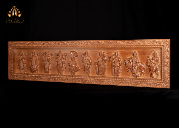 Dasavataram Wood Carving 11" x 44" - The Ten Incarnations of Lord Vishnu Wood Wall Panel