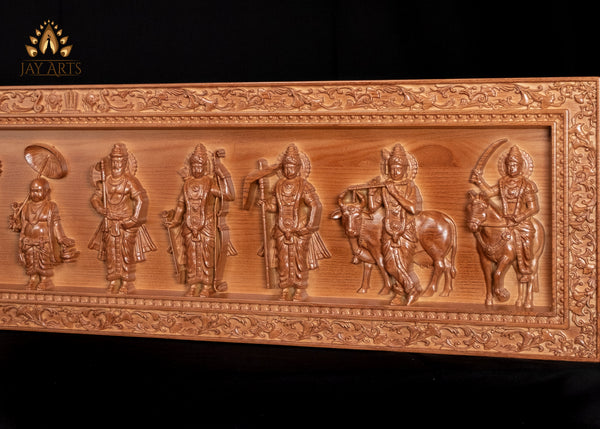 Dasavataram Wood Carving 11" x 44" - The Ten Incarnations of Lord Vishnu Wood Wall Panel