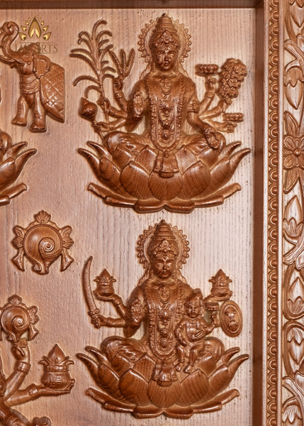 Ashta Lakshmi Wood Carving 22"H x 21.5"W The Eight Manifestations of Goddess Lakshmi Devi