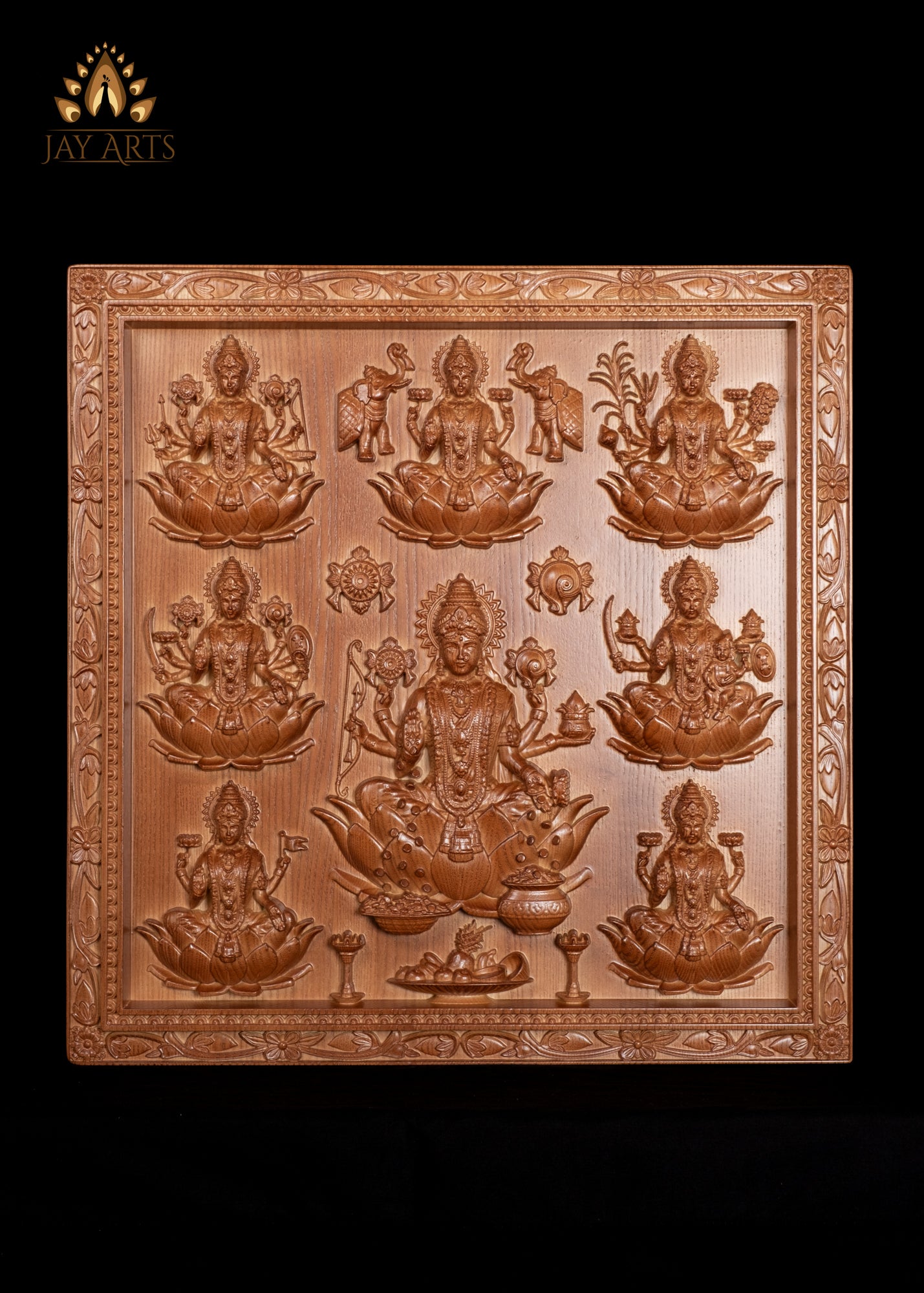 Ashta Lakshmi Wood Carving 22"H x 21.5"W The Eight Manifestations of Goddess Lakshmi Devi