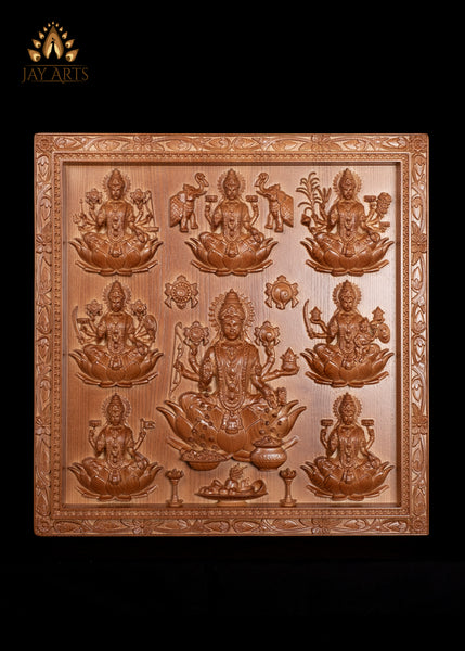 Ashta Lakshmi Wood Carving 22"H x 21.5"W The Eight Manifestations of Goddess Lakshmi Devi