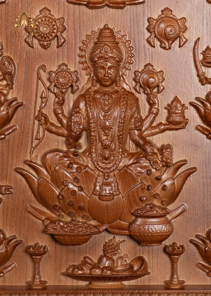 Ashta Lakshmi Wood Carving 22"H x 21.5"W The Eight Manifestations of Goddess Lakshmi Devi