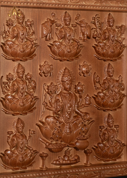 Ashta Lakshmi Wood Carving 22"H x 21.5"W The Eight Manifestations of Goddess Lakshmi Devi