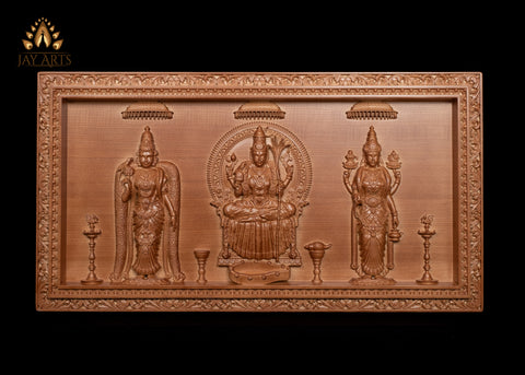 The Divine Shakthi Goddesses Meenakshi, Kamakshi and Vishalakshi Wood carving 17" H x 31" W"