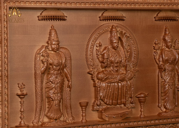 The Divine Shakthi Goddesses Meenakshi, Kamakshi and Vishalakshi Wood carving 17" H x 31" W"