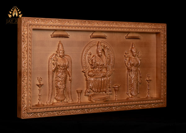 The Divine Shakthi Goddesses Meenakshi, Kamakshi and Vishalakshi Wood carving 17" H x 31" W"