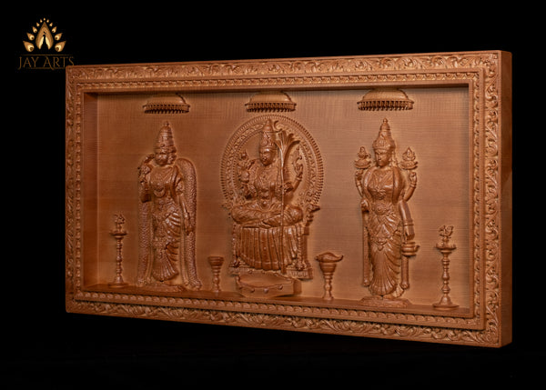 The Divine Shakthi Goddesses Meenakshi, Kamakshi and Vishalakshi Wood carving 17" H x 31" W"