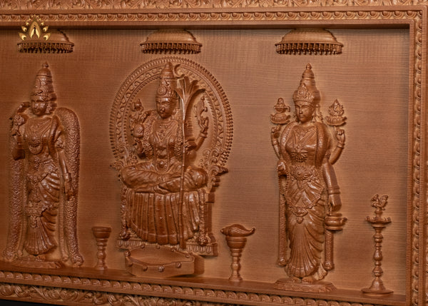 The Divine Shakthi Goddesses Meenakshi, Kamakshi and Vishalakshi Wood carving 17" H x 31" W"