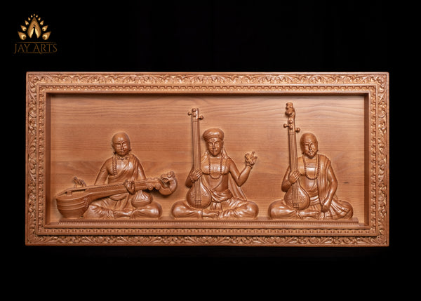 The Trinity of Indian Carnatic Music Tyagaraja, Muthuswami Dikshitar, and Syama Sastri Wood Panel Exquisitely Carved 17" x 35"