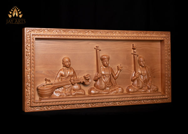 The Trinity of Indian Carnatic Music Tyagaraja, Muthuswami Dikshitar, and Syama Sastri Wood Panel Exquisitely Carved 17" x 35"