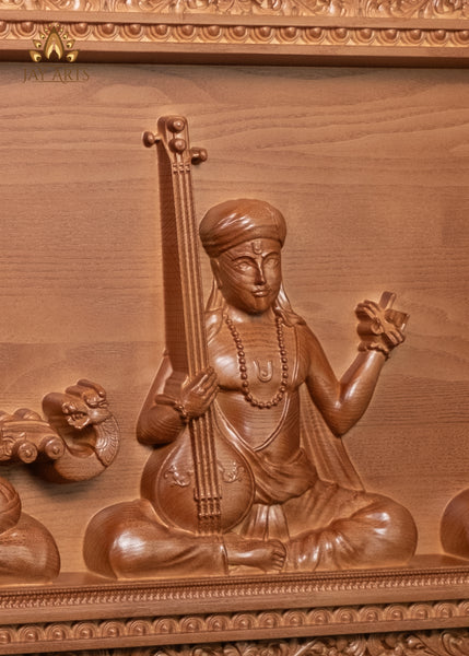 The Trinity of Indian Carnatic Music Tyagaraja, Muthuswami Dikshitar, and Syama Sastri Wood Panel Exquisitely Carved 17" x 35"