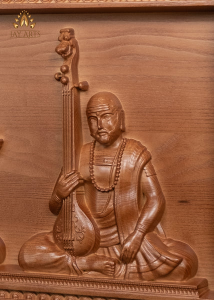 The Trinity of Indian Carnatic Music Tyagaraja, Muthuswami Dikshitar, and Syama Sastri Wood Panel Exquisitely Carved 17" x 35"