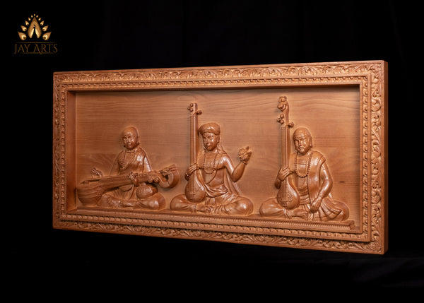 The Trinity of Indian Carnatic Music Tyagaraja, Muthuswami Dikshitar, and Syama Sastri Wood Panel Exquisitely Carved 17" x 35"