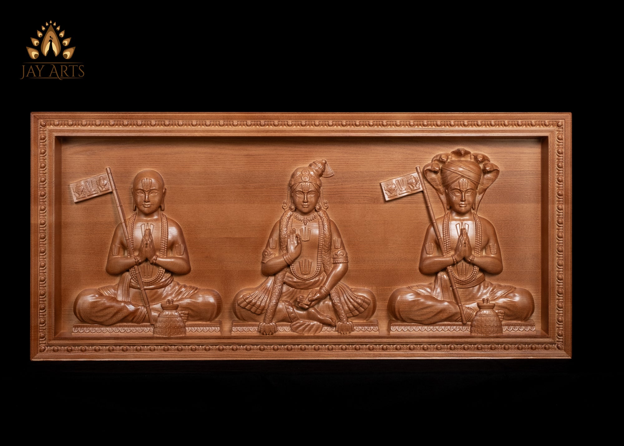 The Three Great Vaishnava Philosophers Ramanuja, Nammalvar and Manawala Maamunigal Exquisite Detailed Wood Carving 17" x 37"