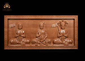 The Three Great Vaishnava Philosophers Ramanuja, Nammalvar and Manawala Maamunigal Exquisite Detailed Wood Carving 17" x 37"