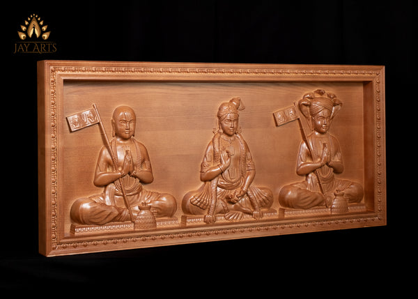 The Three Great Vaishnava Philosophers Ramanuja, Nammalvar and Manawala Maamunigal Exquisite Detailed Wood Carving 17" x 37"