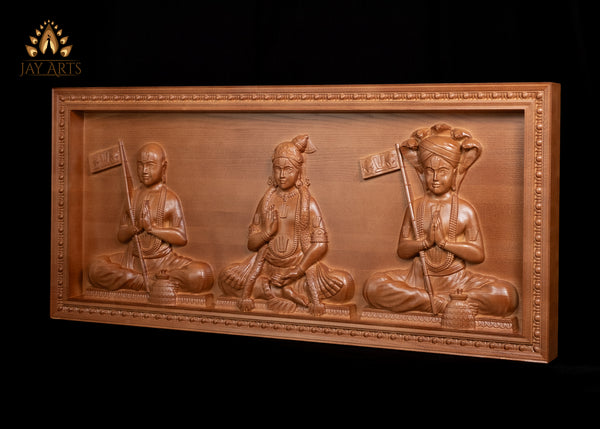 The Three Great Vaishnava Philosophers Ramanuja, Nammalvar and Manawala Maamunigal Exquisite Detailed Wood Carving 17" x 37"