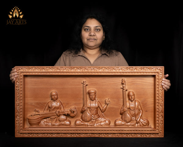 The Trinity of Indian Carnatic Music Tyagaraja, Muthuswami Dikshitar, and Syama Sastri Wood Panel Exquisitely Carved 17" x 35"