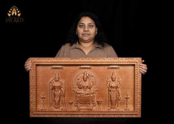 The Divine Shakthi Goddesses Meenakshi, Kamakshi and Vishalakshi Wood carving 17" H x 31" W"