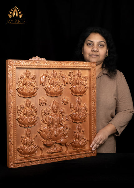 Ashta Lakshmi Wood Carving 22"H x 21.5"W The Eight Manifestations of Goddess Lakshmi Devi