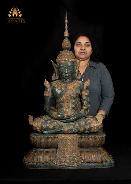 43” Cambodian Bronze Buddha in Meditation wearing an Exquisite Floral Motif Robe and Spire-like Crown